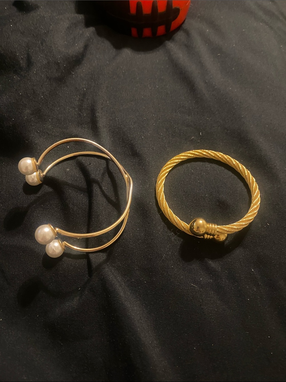 Gold-Tone Twisted Cable Bracelet and White Pearl (faux) Open Cuff Set